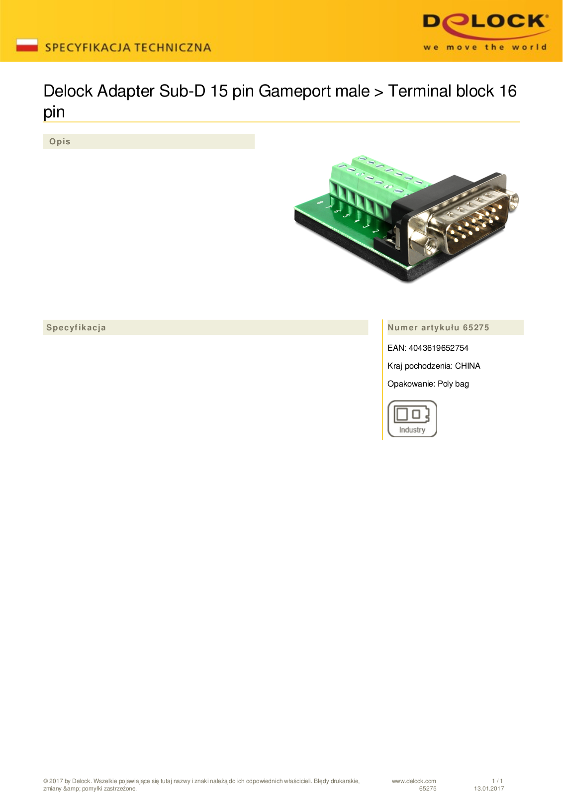 DeLOCK Gameport  plug  on 16-Pin-Terminalblock adapter User Manual