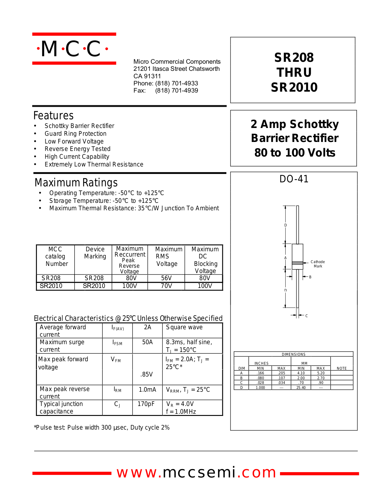 MCC SR208 Datasheet