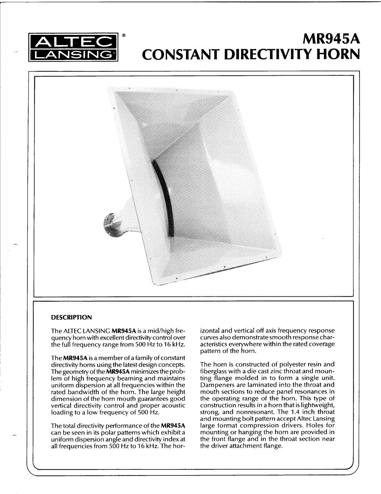 Altec lansing MR945A HF HORN User Manual