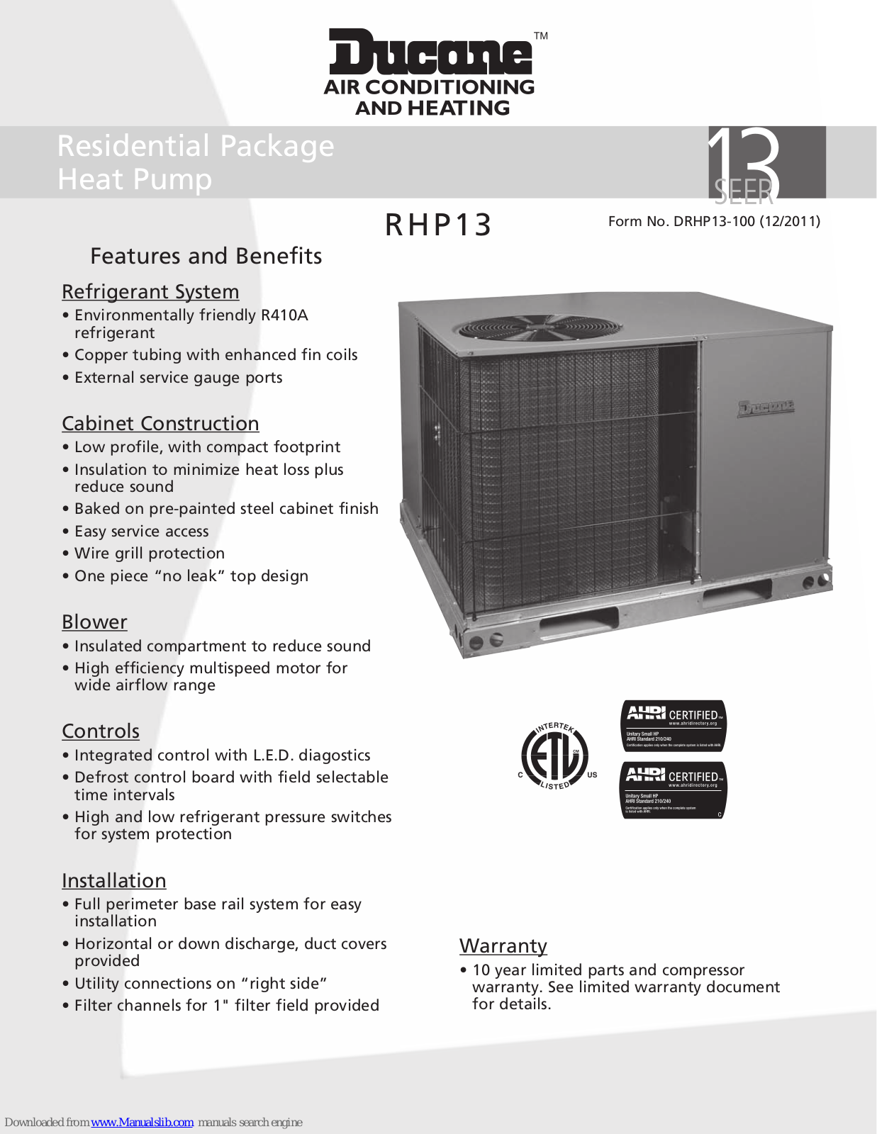 Ducane RHP13A24P, RHP13A30P, RHP13A36P, RHP13A42P, RHP13A48P Specifications - ManualMachine.com