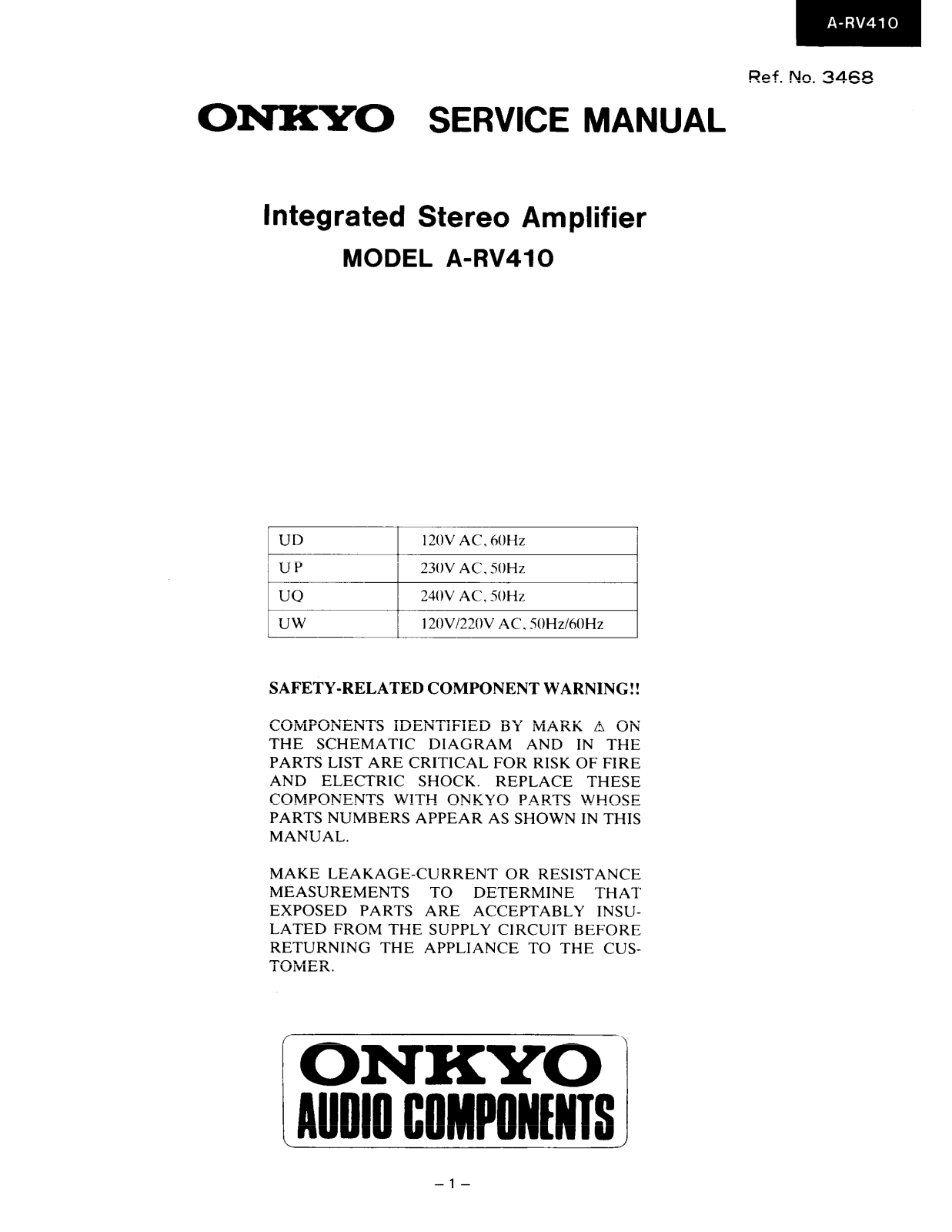 Onkyo ARV-410 Service manual