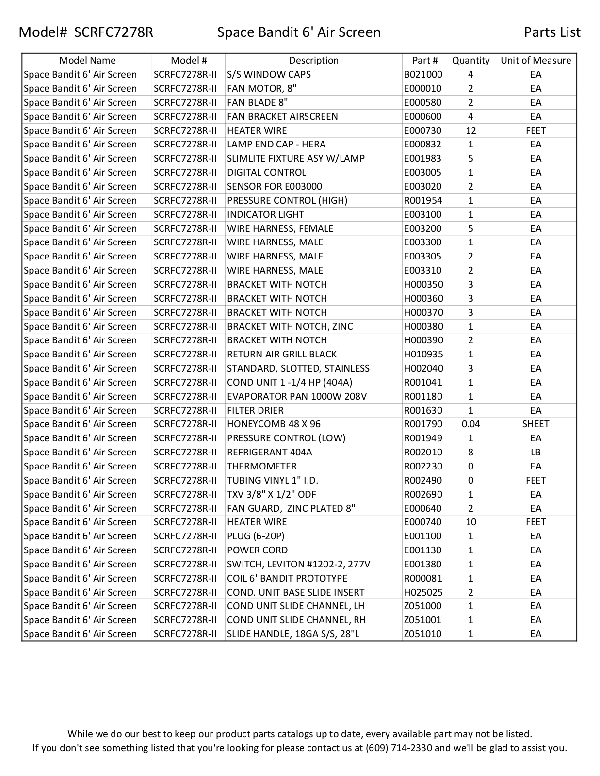 RPI Industries SCRFC7278R Parts List