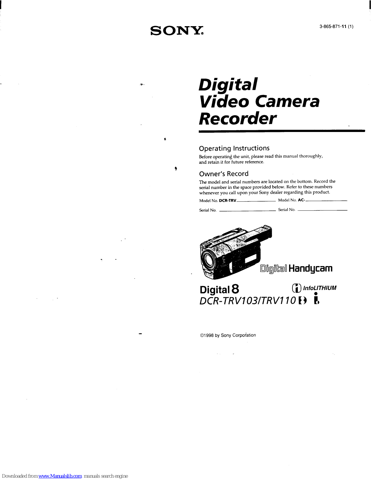 Sony Handycam DCR-TRV103, Handycam DCR-TRV110 Operating Instructions Manual