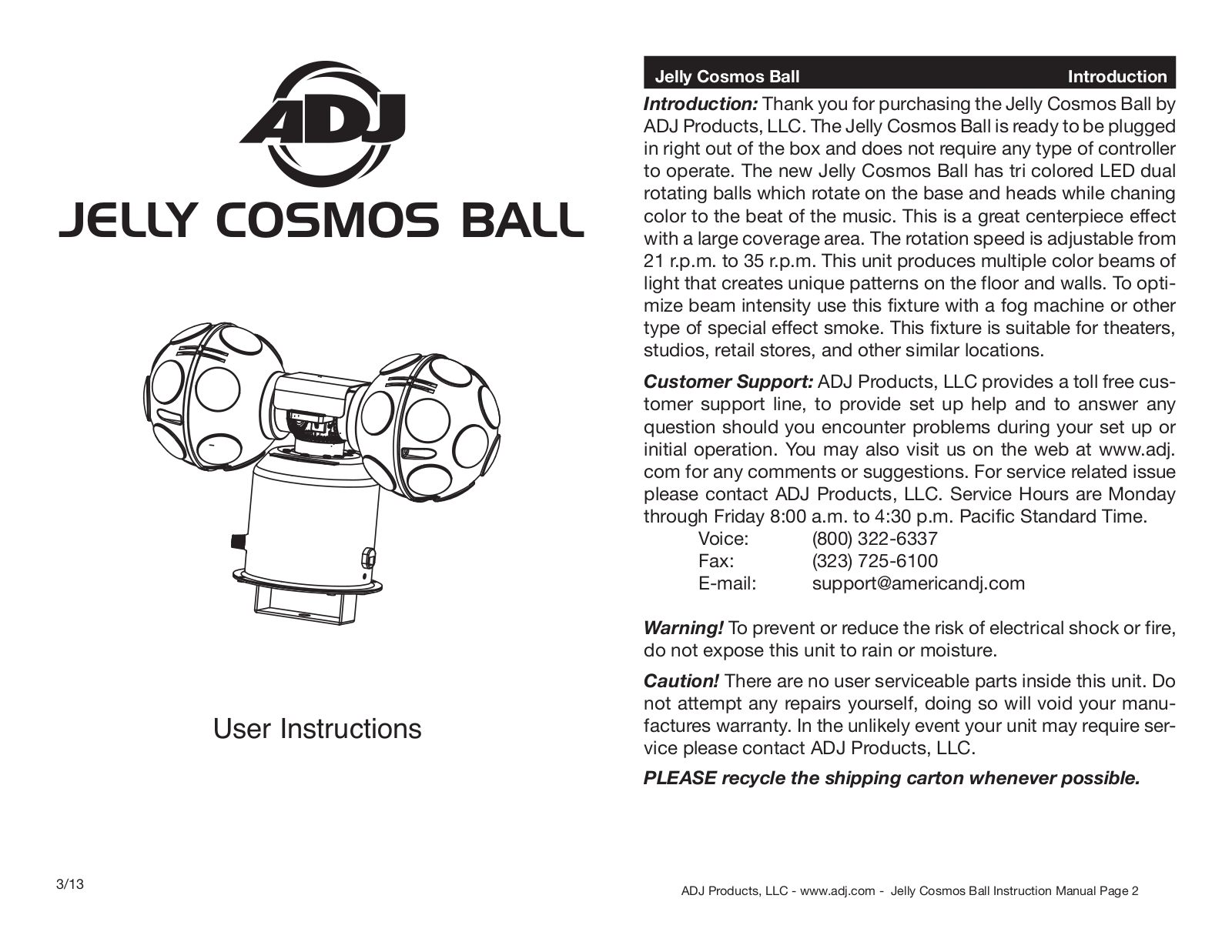 ADJ Jelly Cosmos Ball User guide