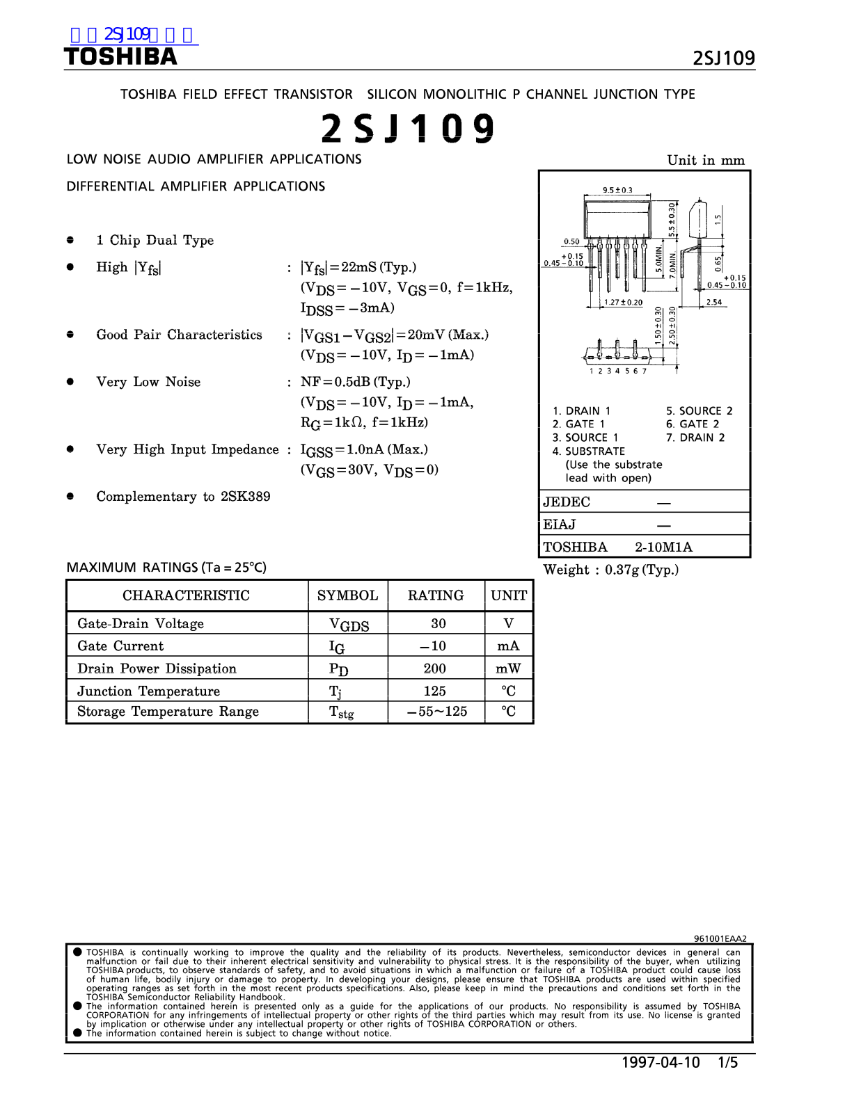 TOSHIBA 2SJ109 Technical data