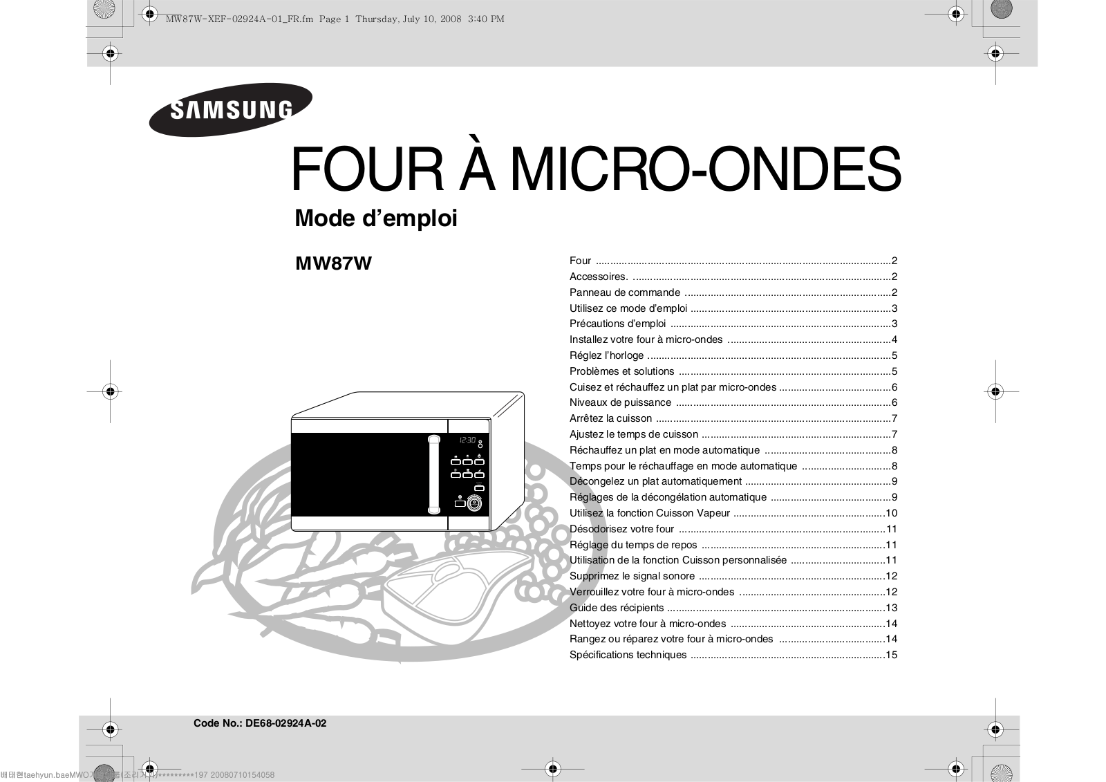 SAMSUNG MW87W User Manual