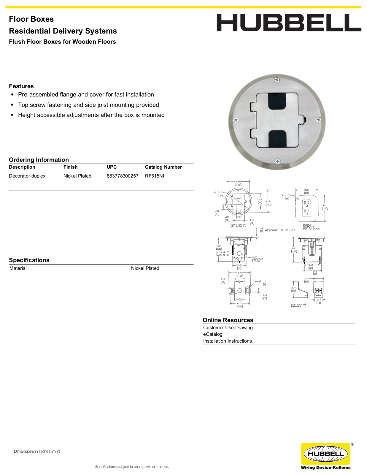 Hubbell RF515NI Specifications