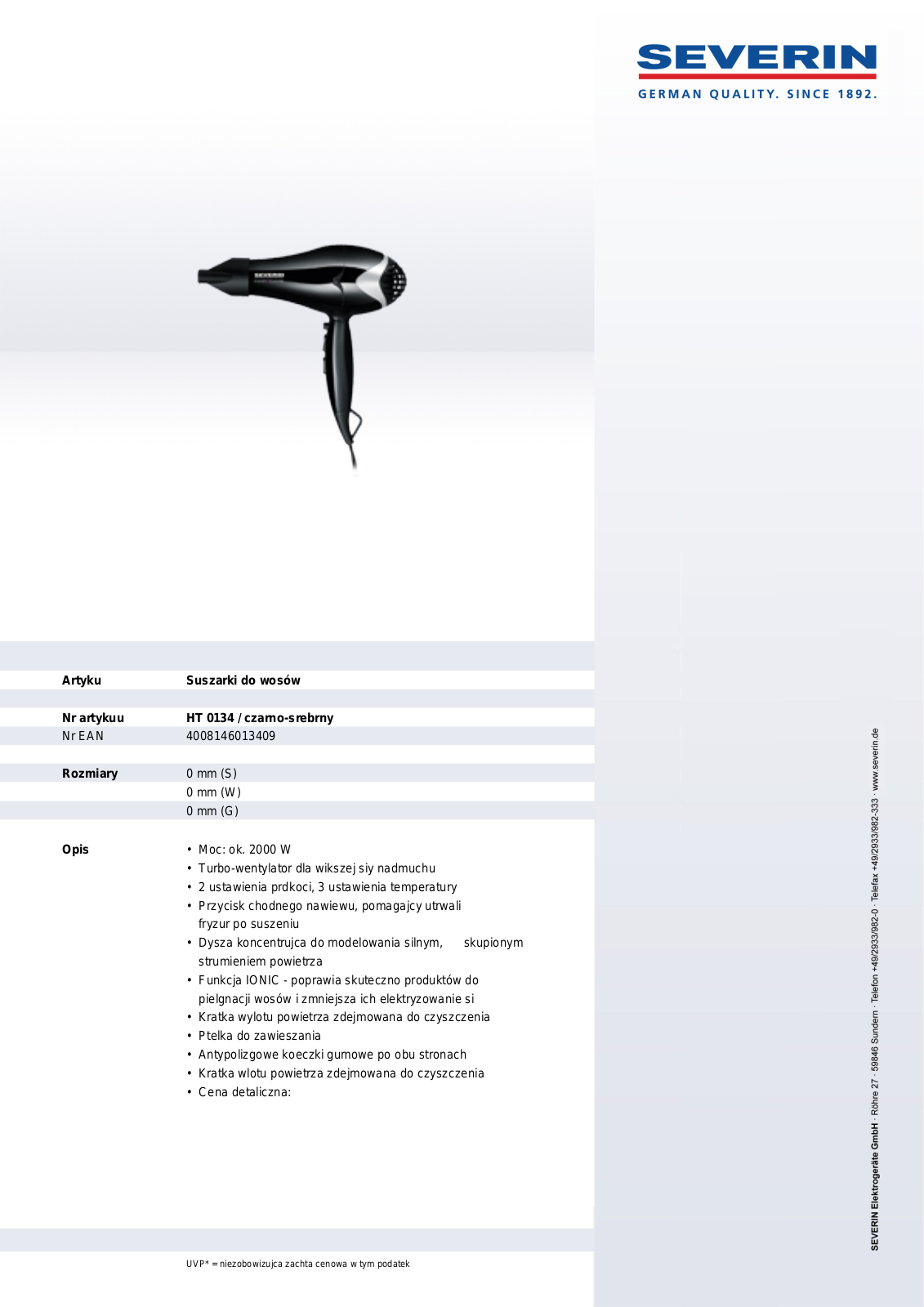 Severin HT 0134 PRODUCT DESCRIPTION