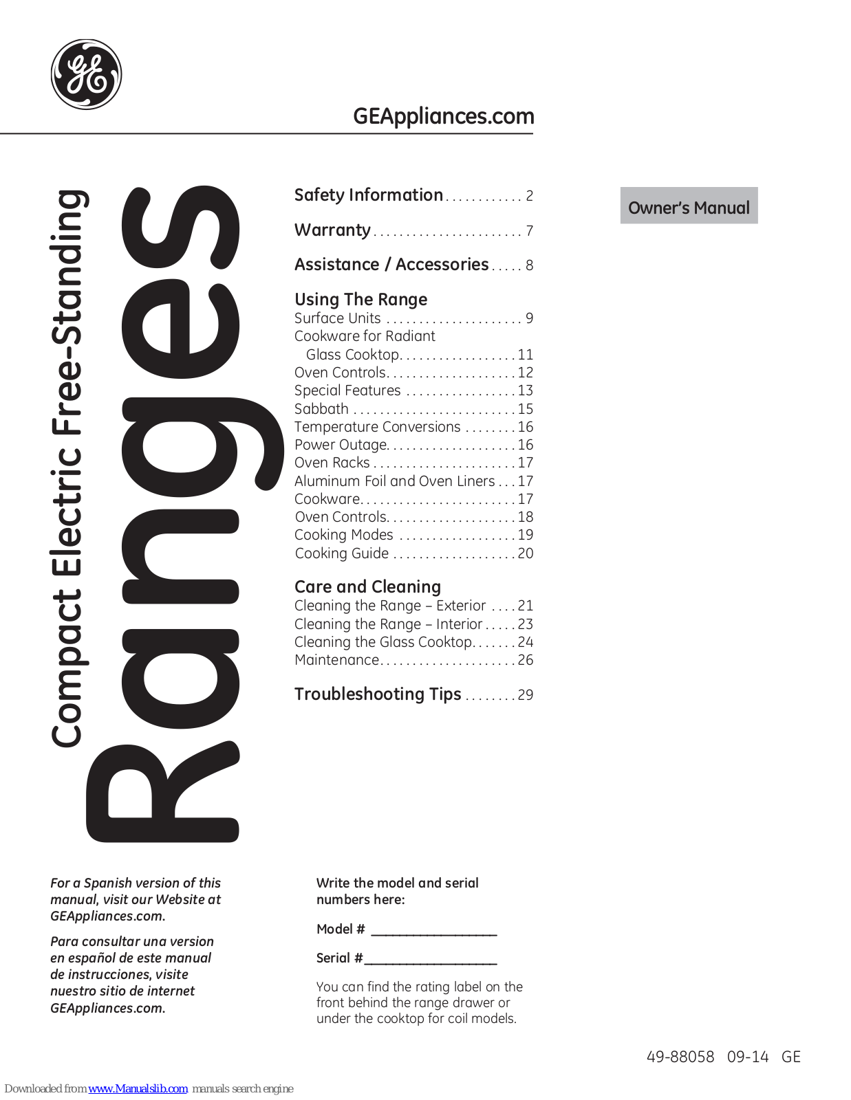 GE Compact Electric Free-Standing Ranges Owner's Manual