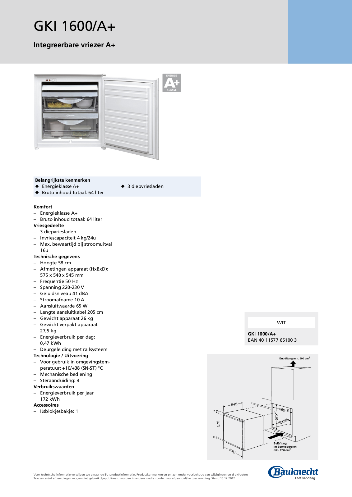 Whirlpool GKI 1600/A PRODUCT SHEET