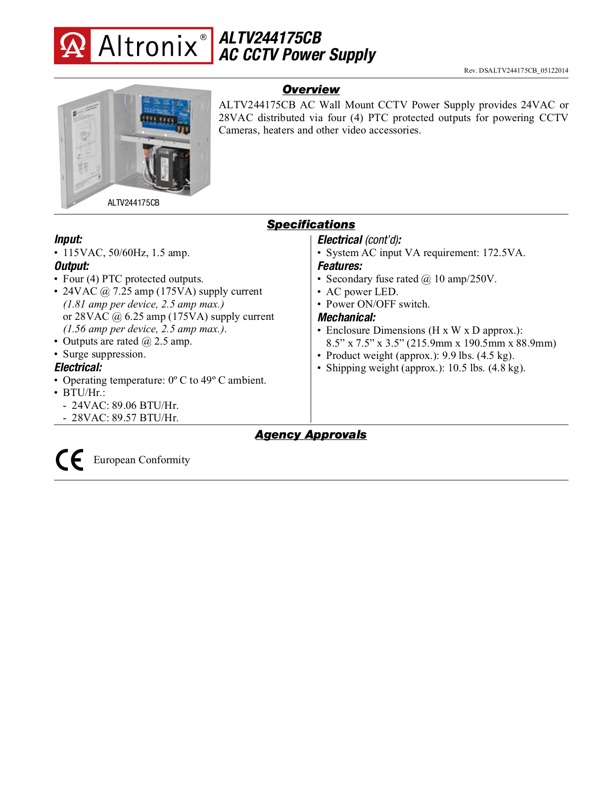 Altronix ALTV244175CB Specsheet