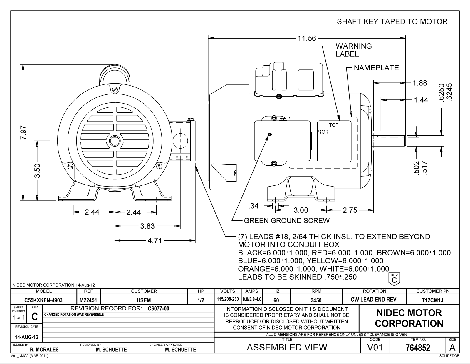 US Motors T12CM1J Dimensional Sheet