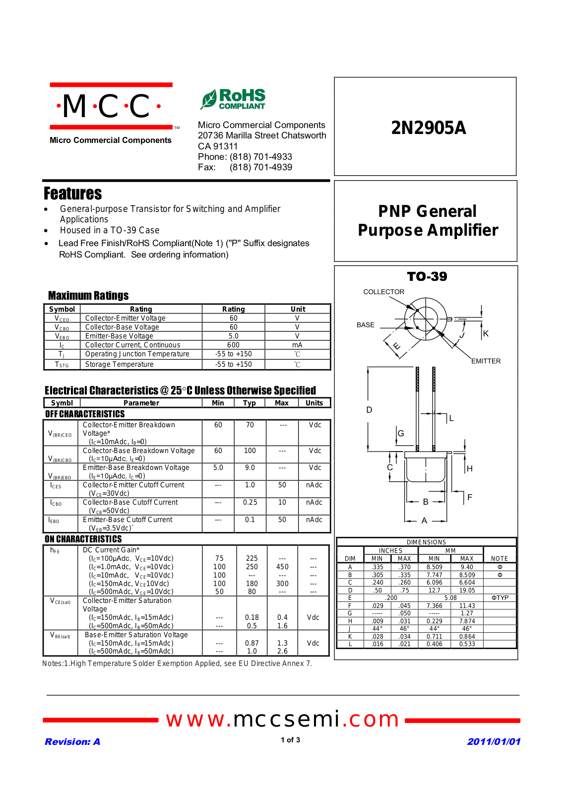Datasheet 2n2905a(to-39) Datasheet - ManualMachine.com