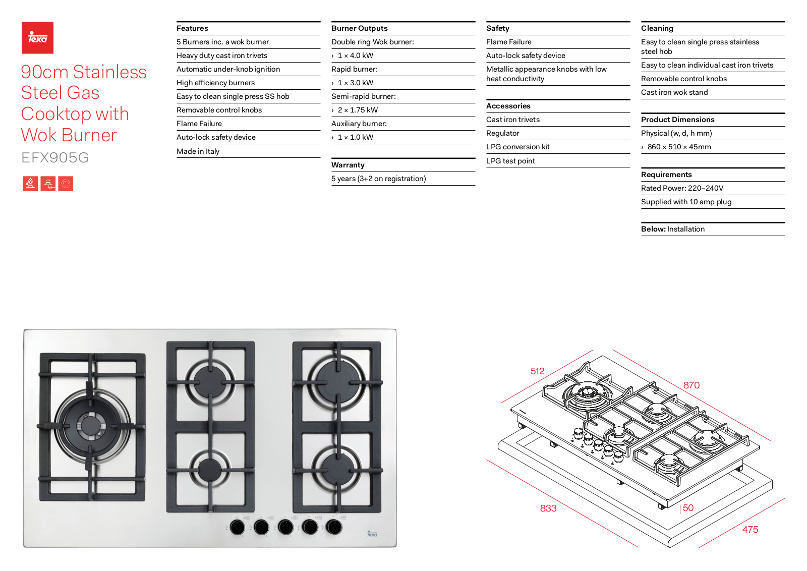 Teka EFX905G Specifications Sheet