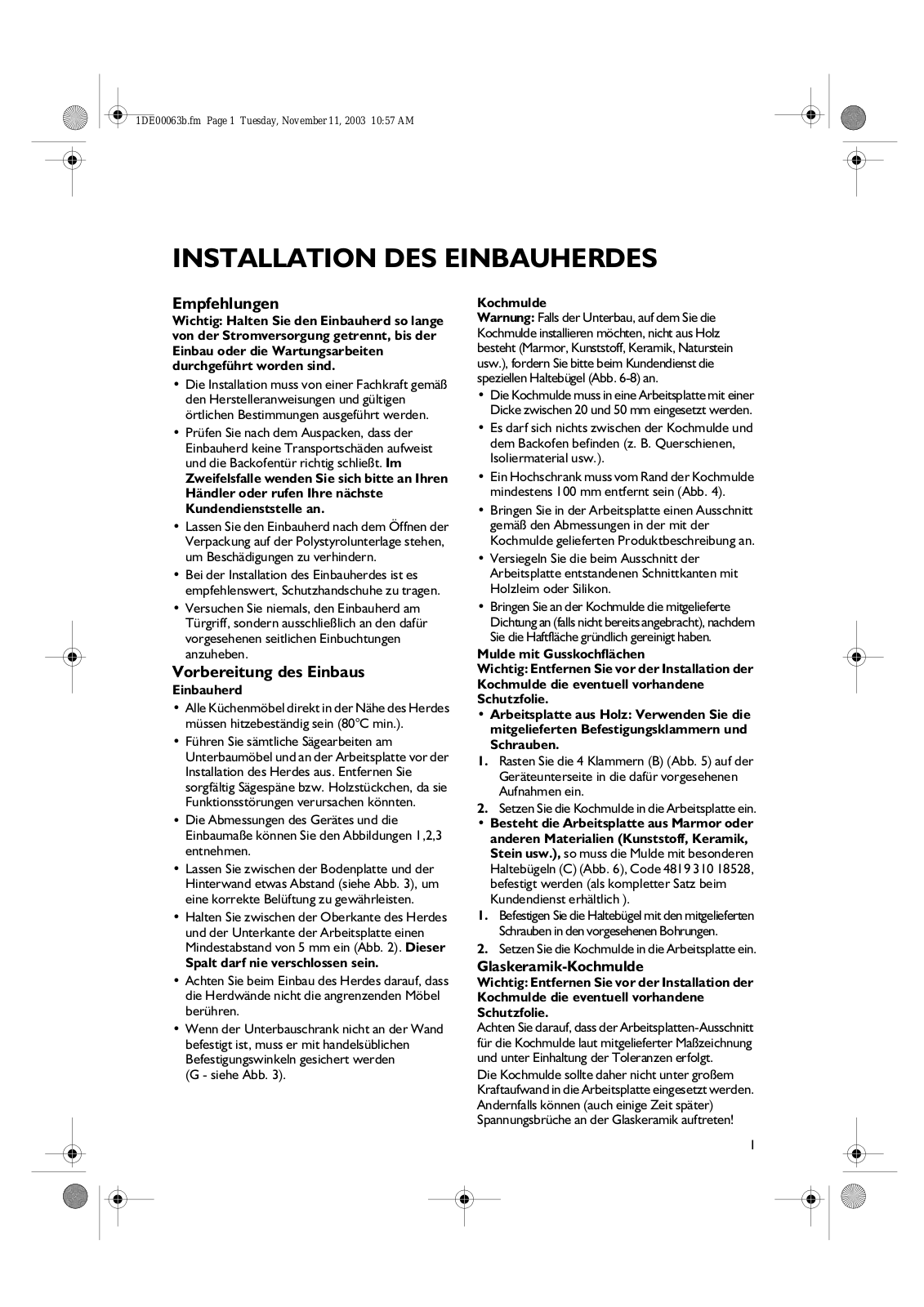 Whirlpool AKZ 612 AV, ESN 5861 SW, EMZH 5863 WS, AKZ 612 IX, ESZ 5861 BR INSTALLATION