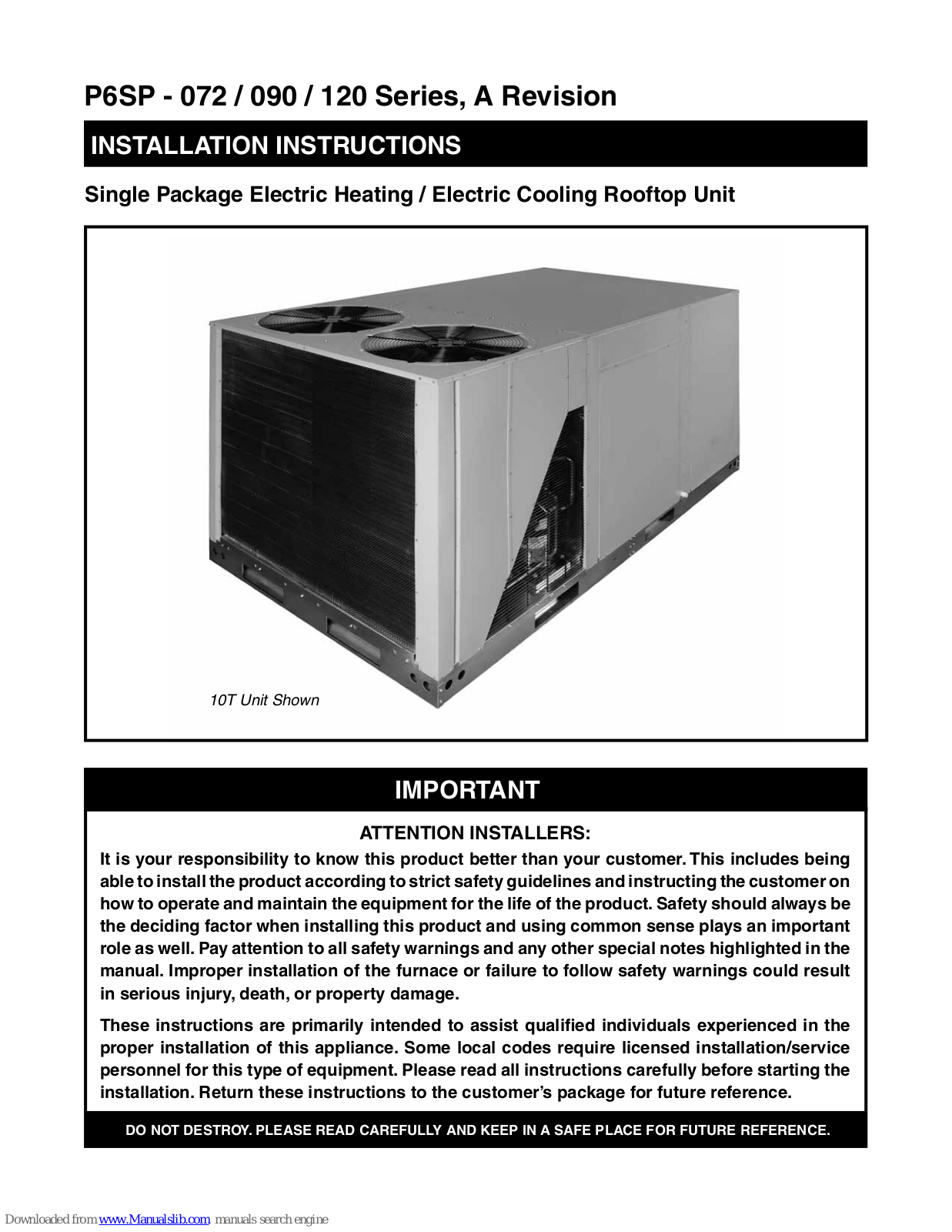 Nordyne P6SP-072, P6SP-120, P6SP-090 Installation Instructions Manual