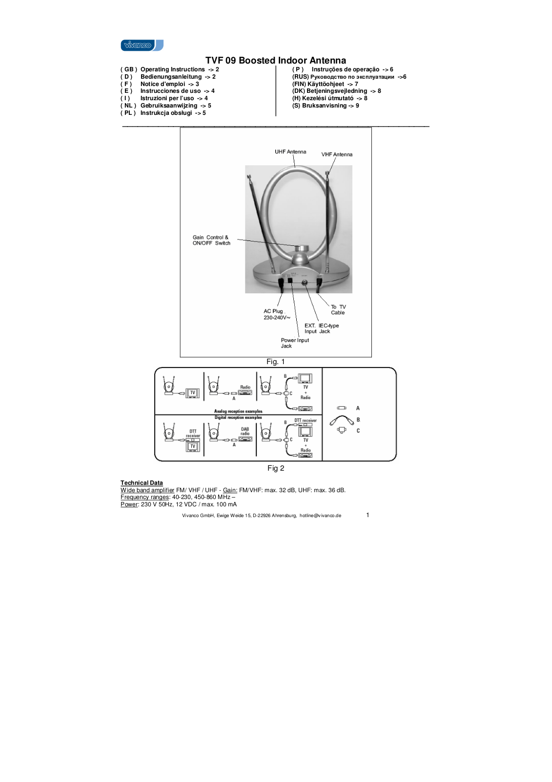 VIVANCO BOOSTED DIGITAL UHFVHF INDOOR ANTENNA User Manual