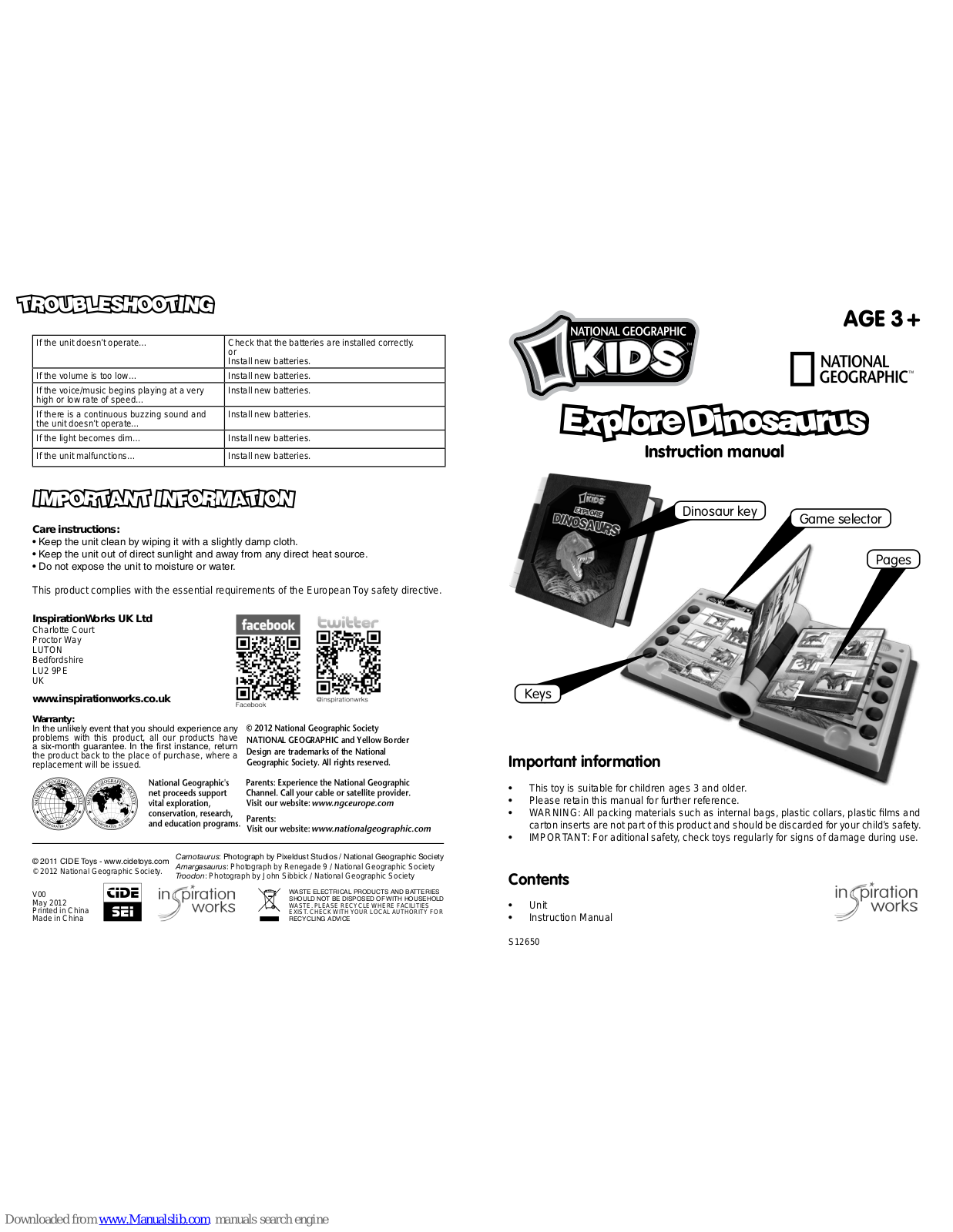 InspirationWorks Explore Dinosaurs National Geographics KIDS Instruction Manual