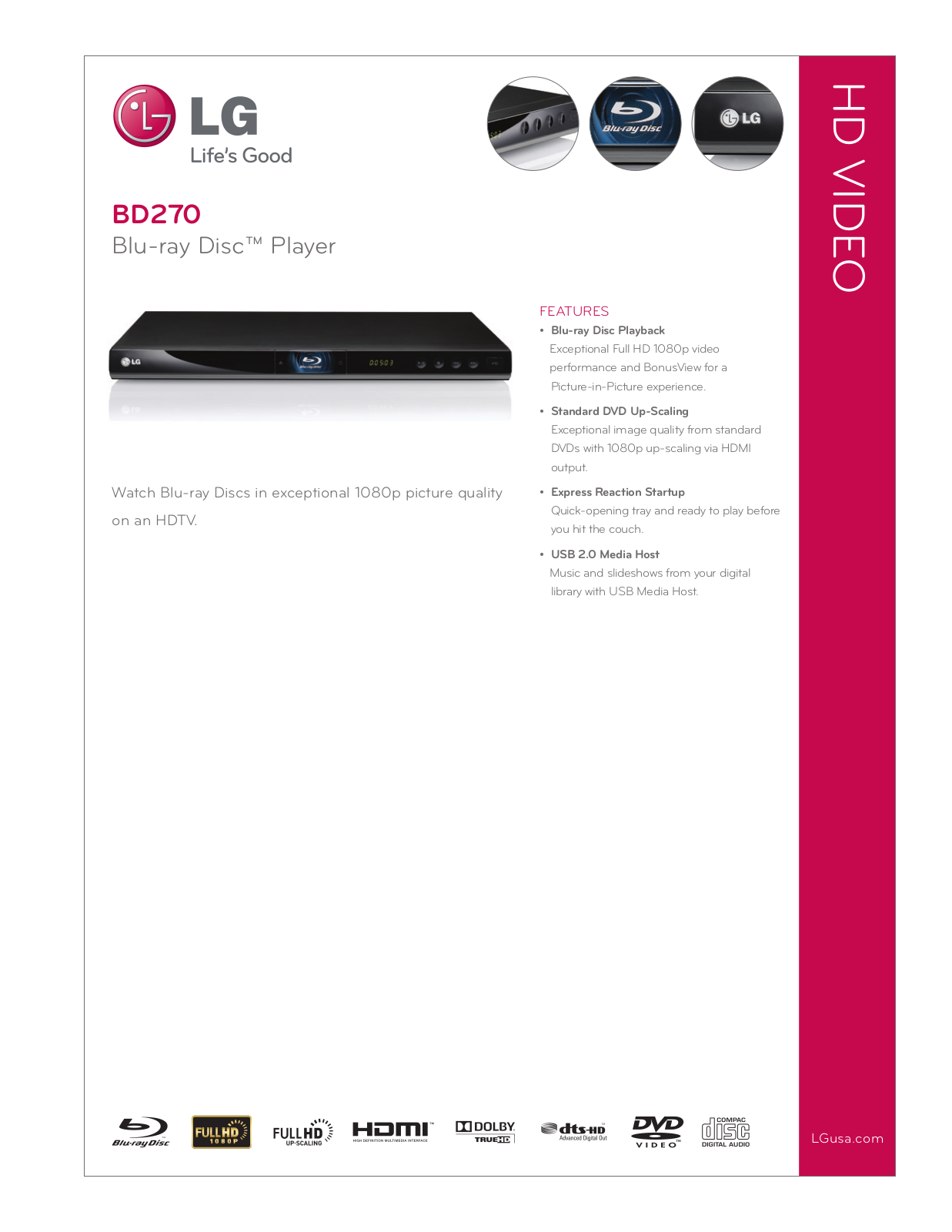 LG BD270 Specification Sheet