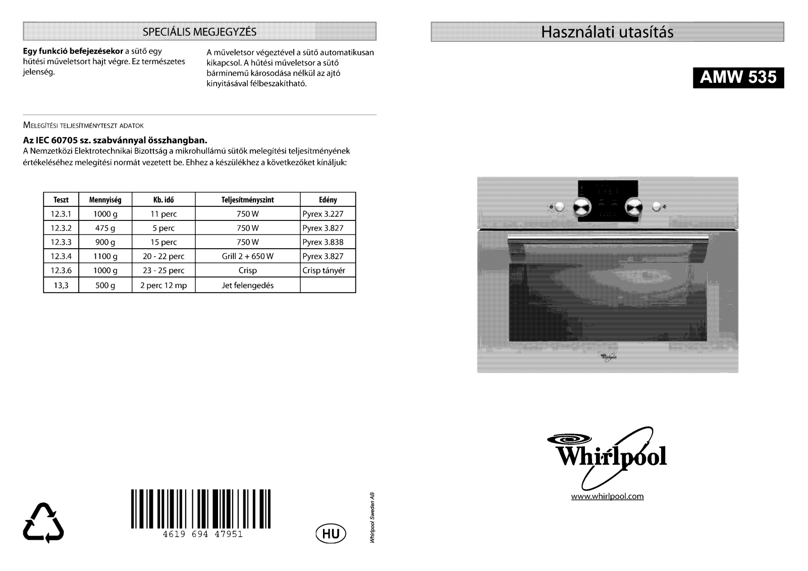 WHIRLPOOL AMW 535 IX User Manual