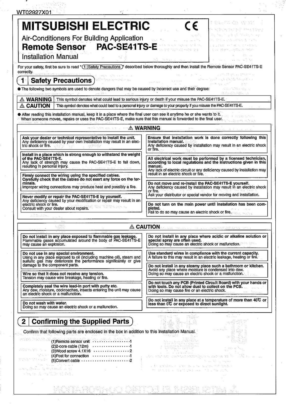 Mitsubishi PAC-SE41TSE Installation Manual