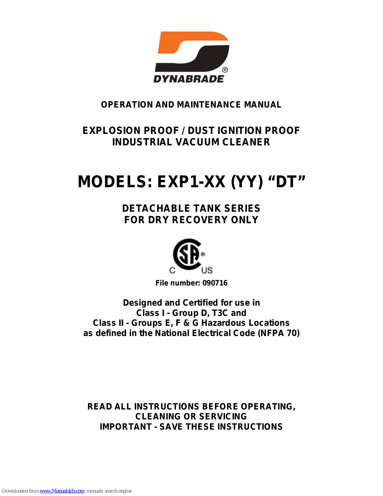 Dynabrade DETACHABLE TANK SERIES, EXP1 Series Instruction For Operation And Maintenance