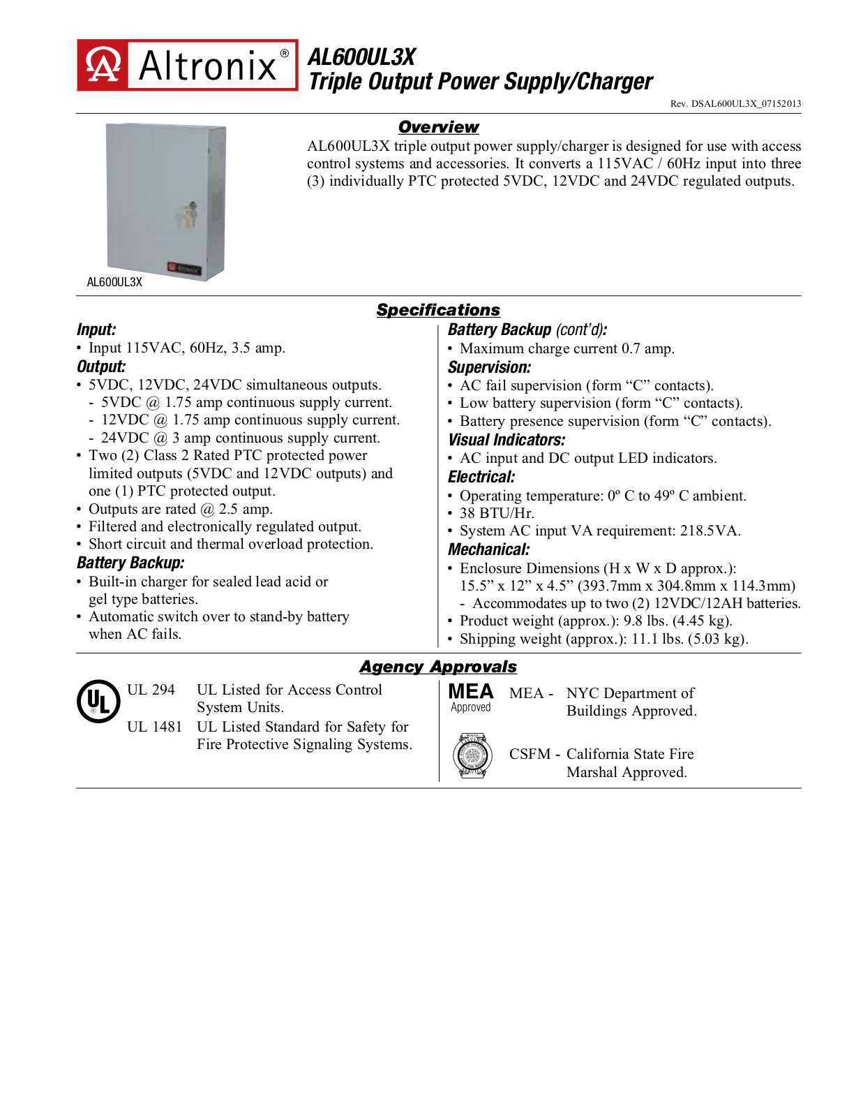 Altronix AL600UL3X Specsheet