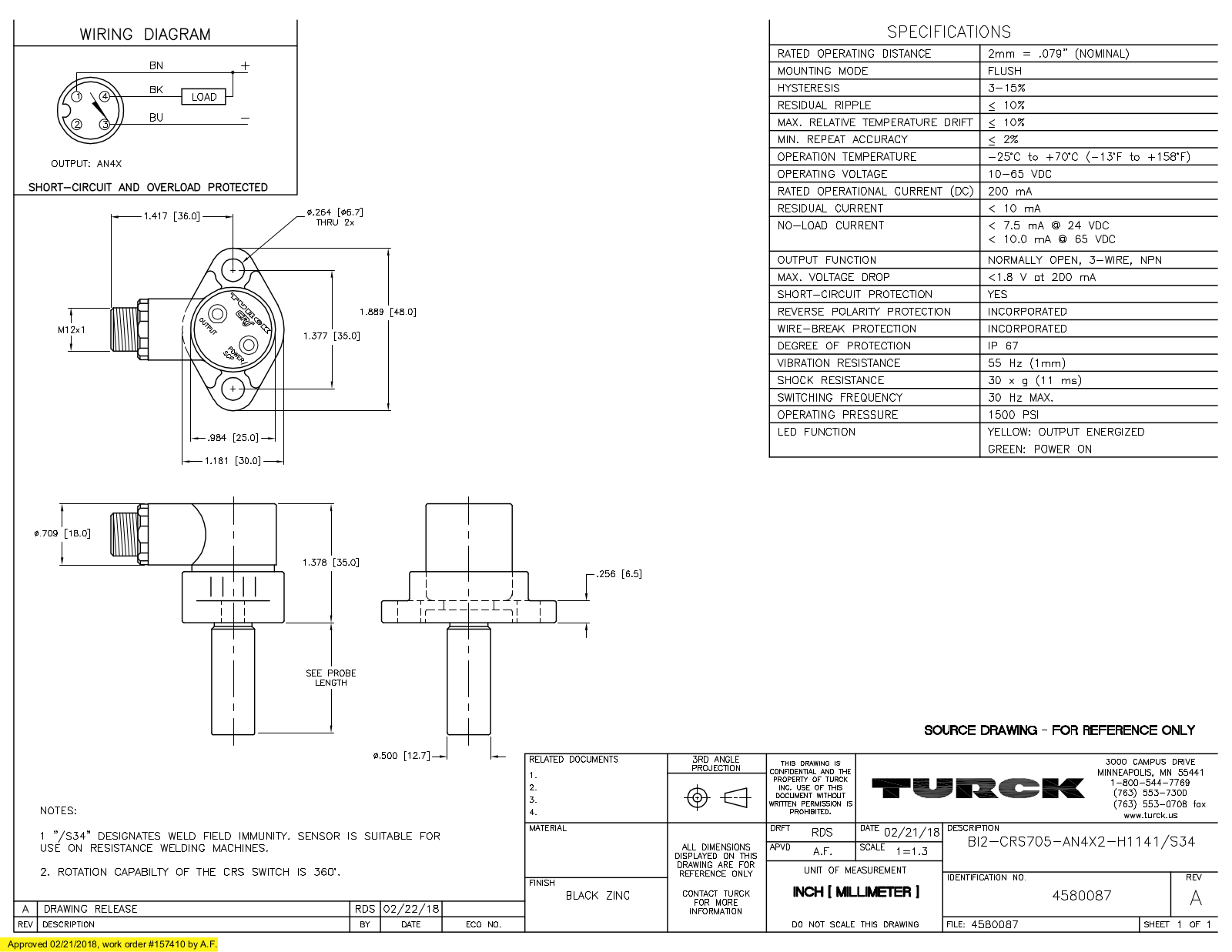 Turck BI2-CRS705-AN4X2-H1141S34 Data Sheet