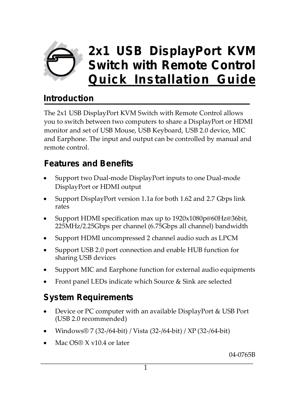 SIIG 2x1 USB DisplayPort KVM Switch with Remote Control Quick Installation Manual