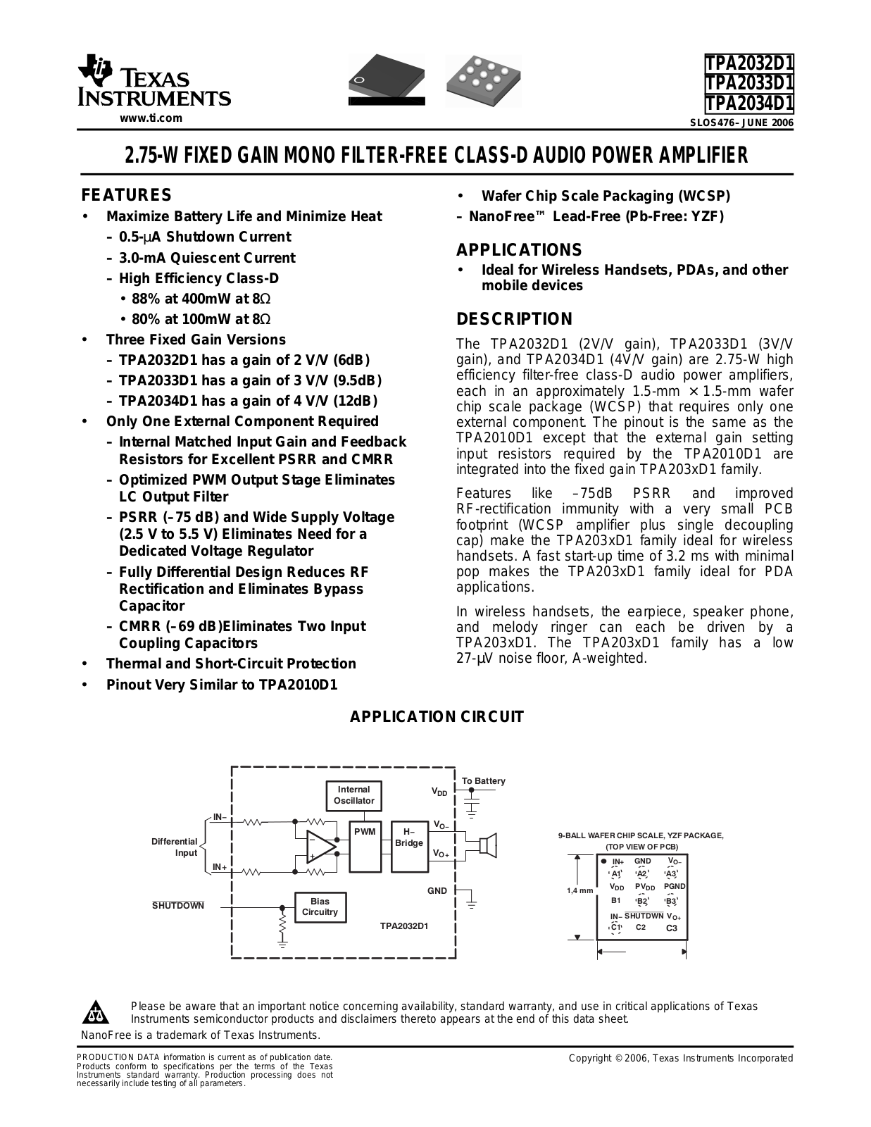 TEXAS INSTRUMENTS TPA2032D1, TPA2033D1, TPA2034D1 Technical data