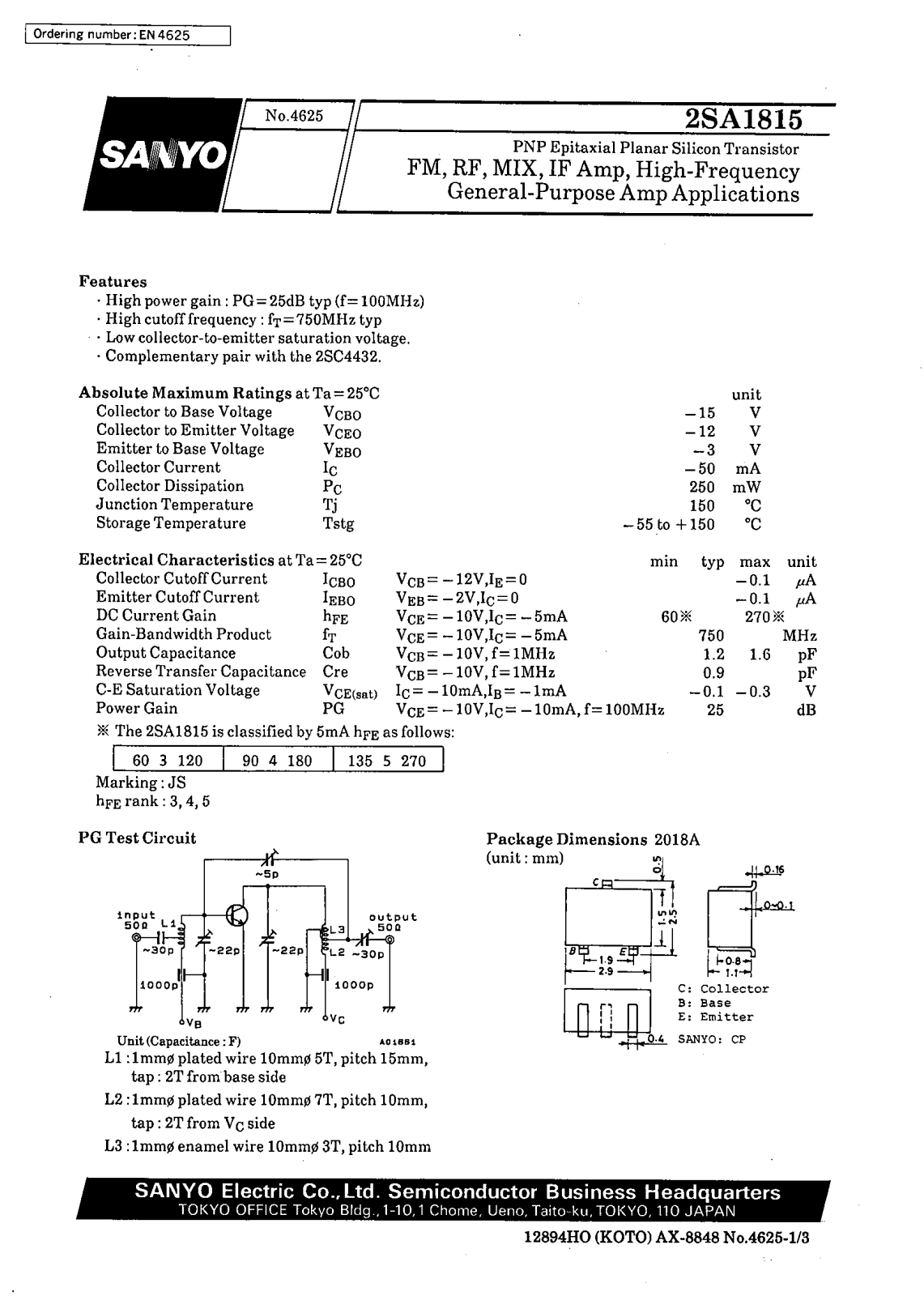 SANYO 2SA1815 Datasheet