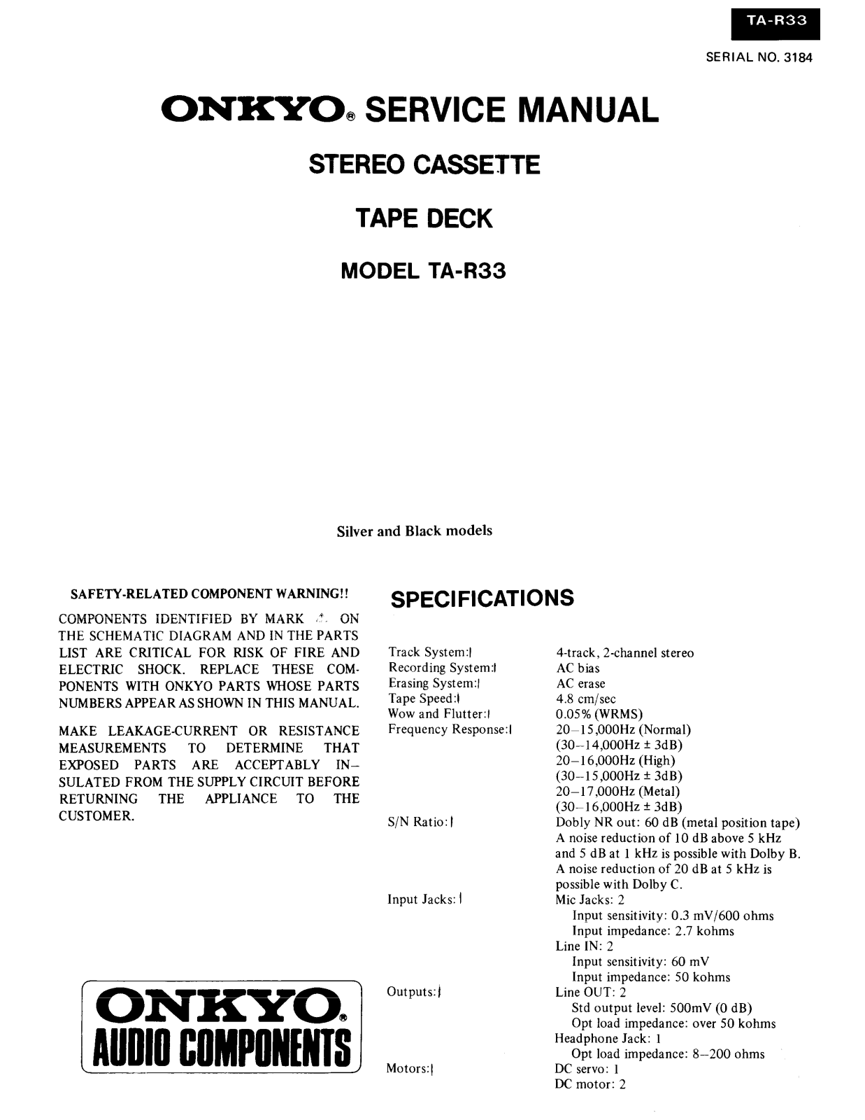 Onkyo TAR-33 Service manual