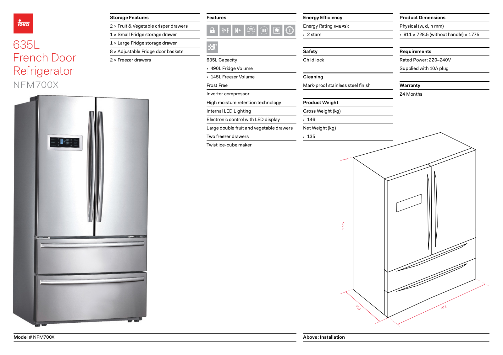 Teka NFM700X Specifications Sheet