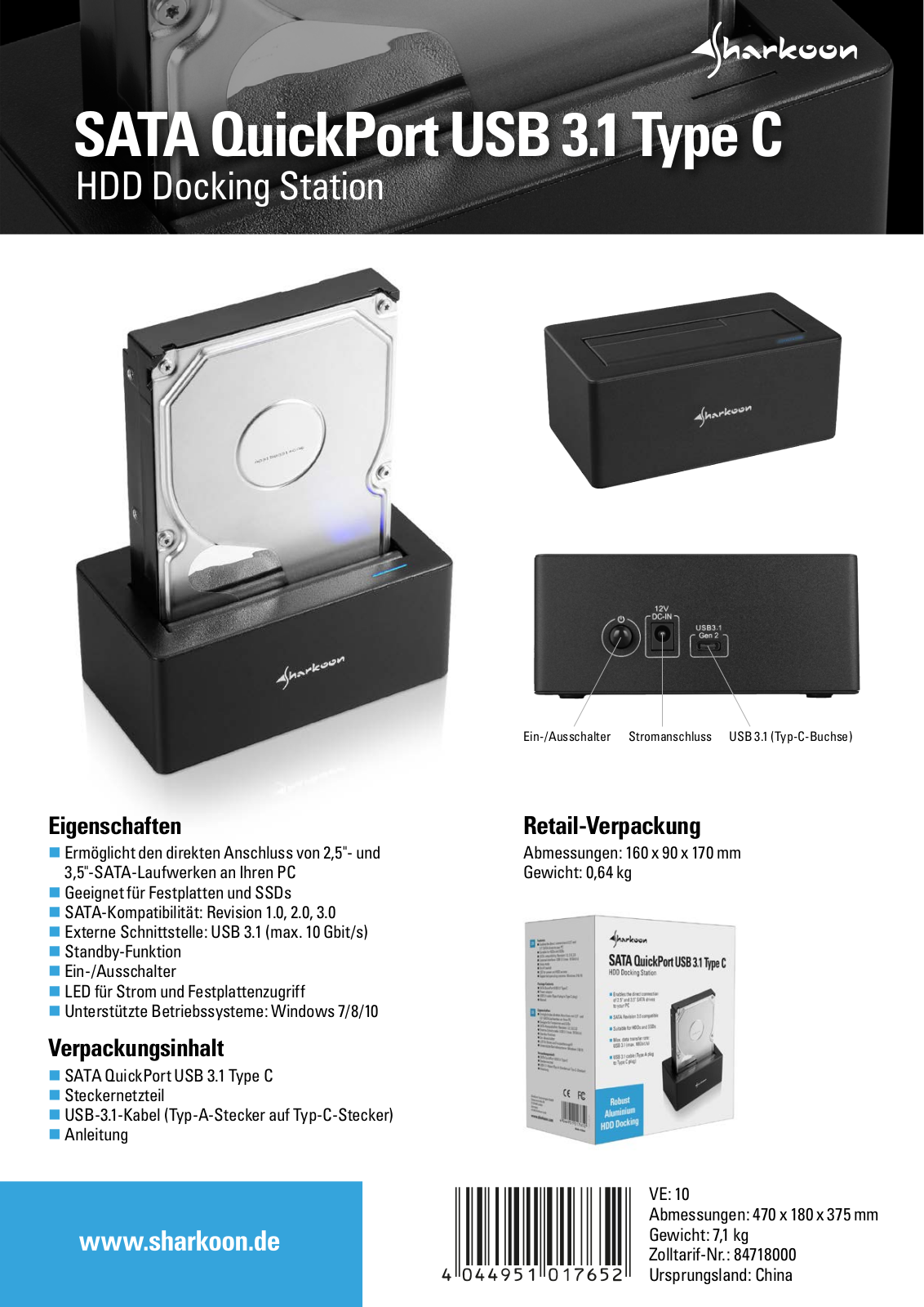 Sharkoon SATA QuickPort USB 3.1 Type C User Manual