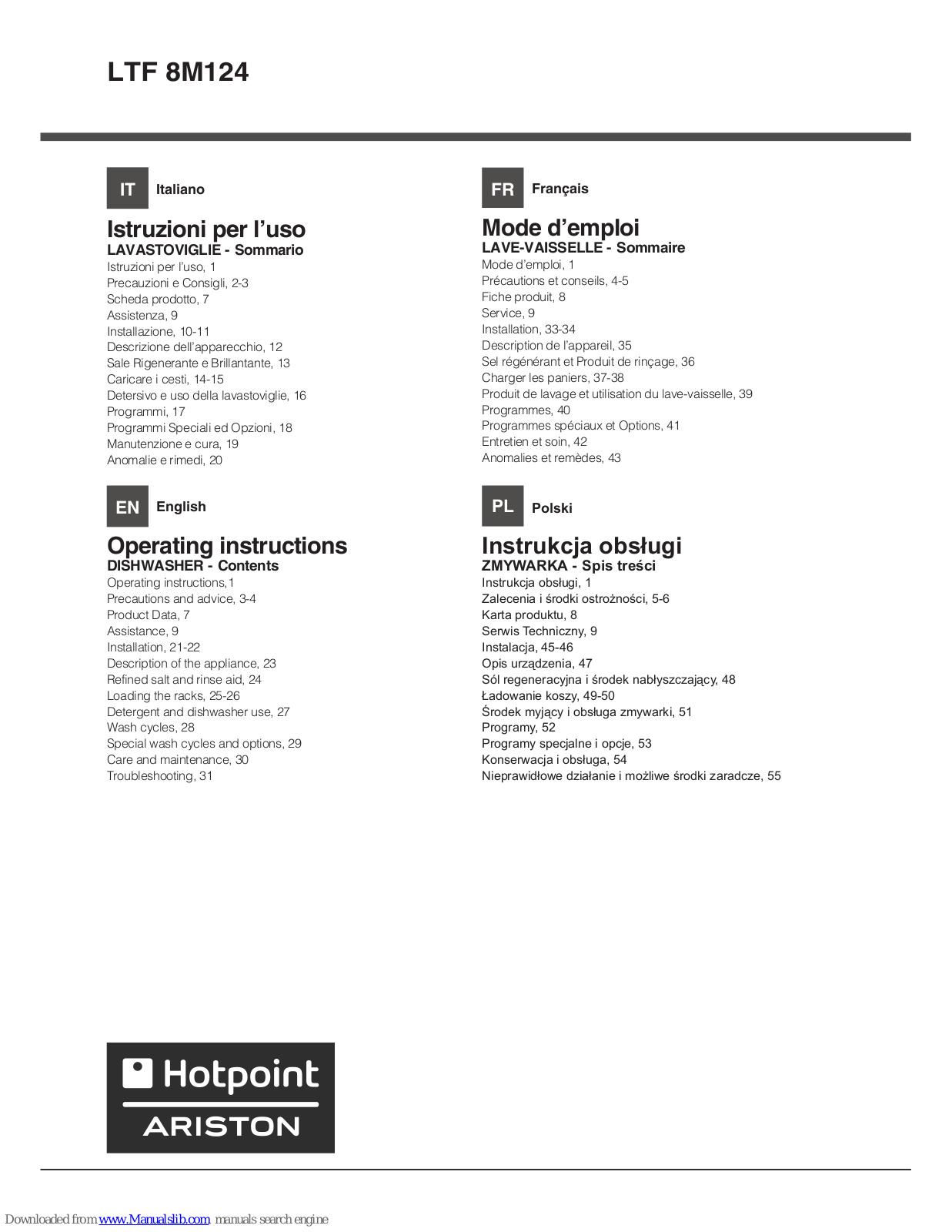 Hotpoint LTF 8M124 Operating Instructions Manual