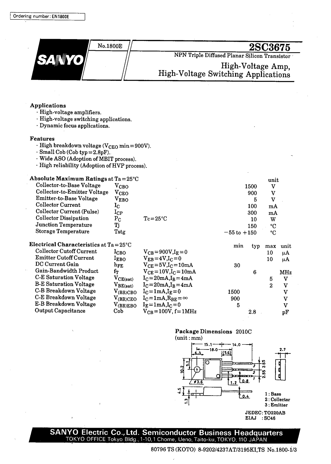 SANYO 2SC3675 Datasheet