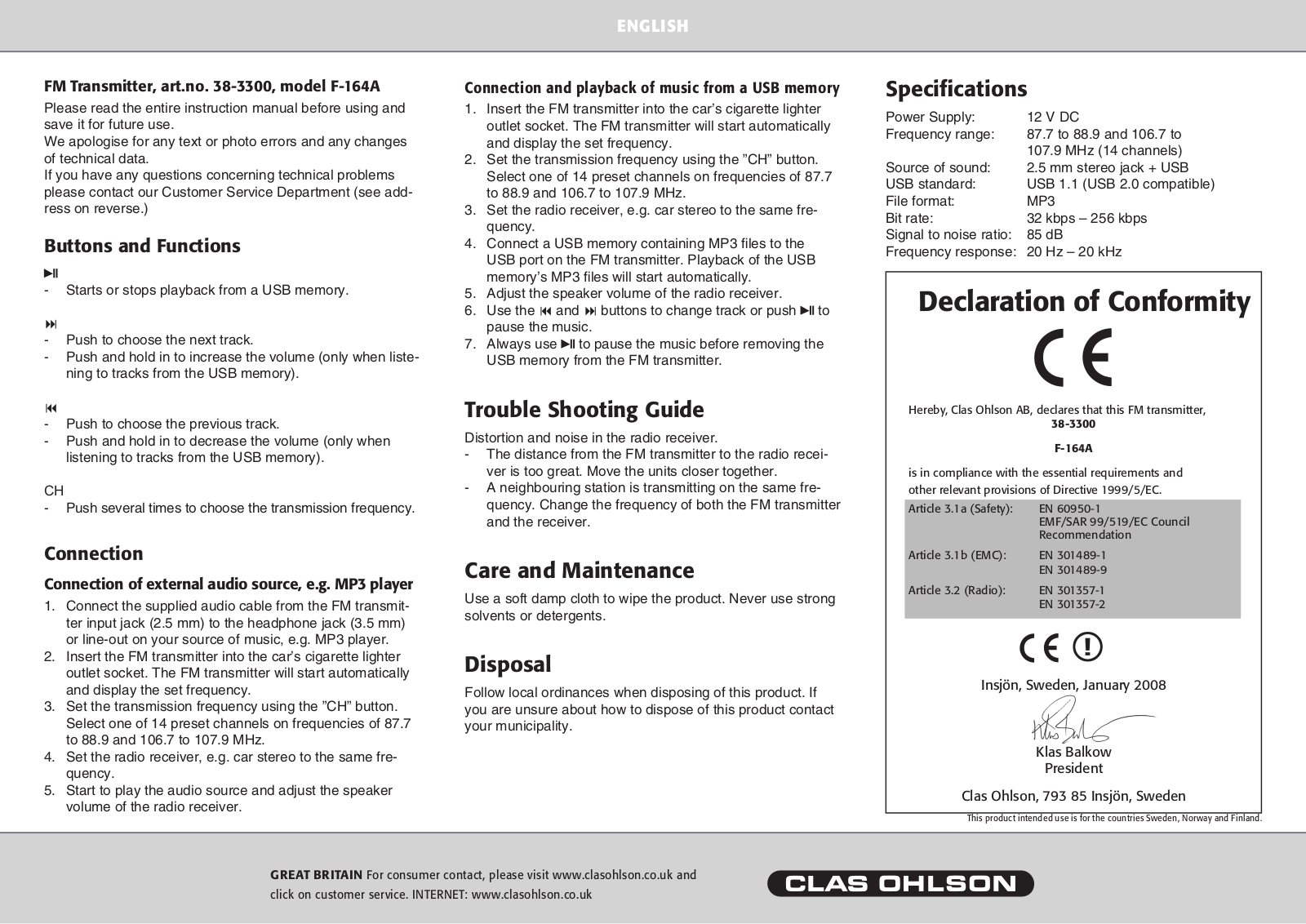 Clas Ohlson F-164A Instruction Manual