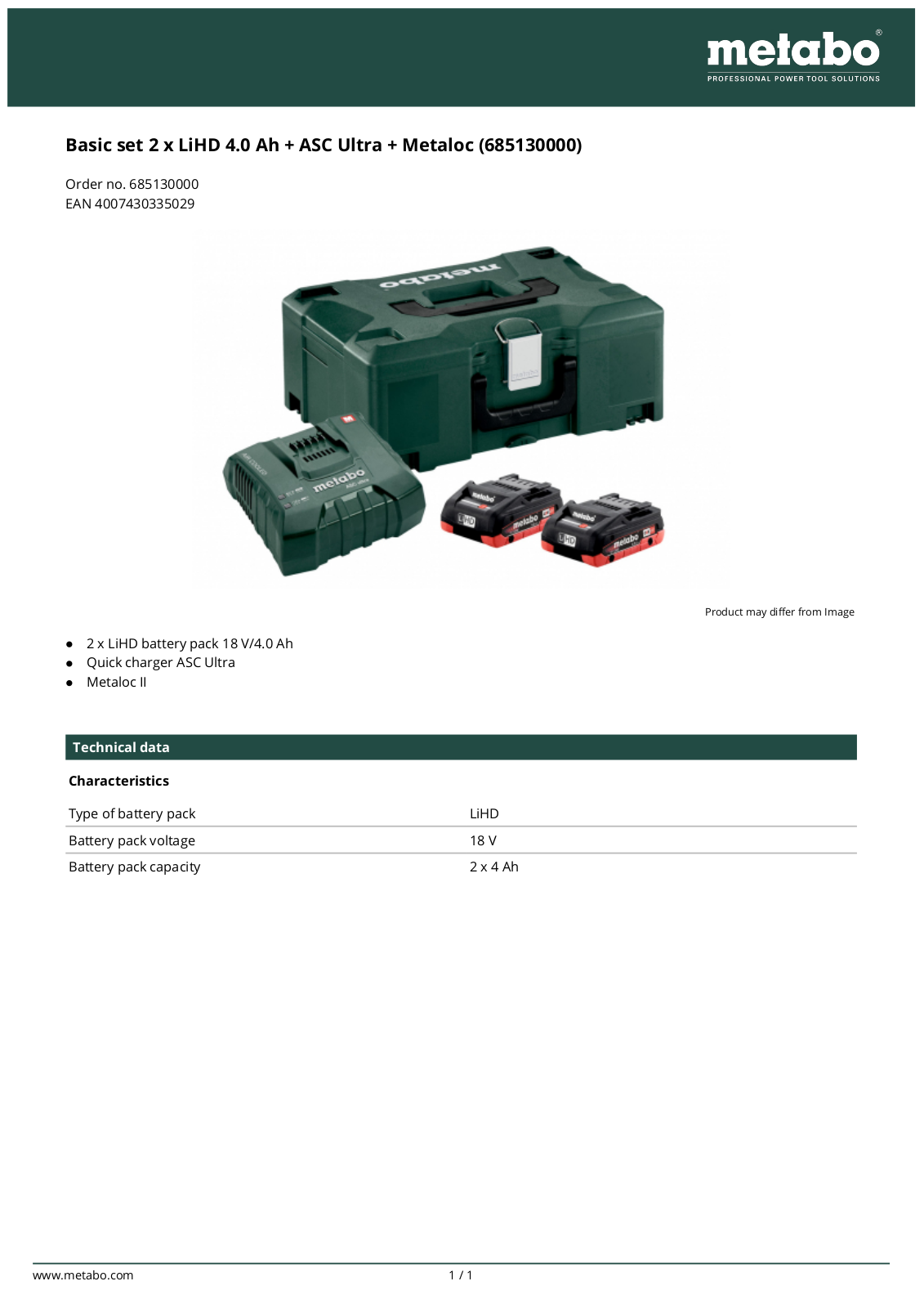 Metabo Basic set 2 x LiHD 4.0 Ah + ASC Ultra + Metaloc User Manual