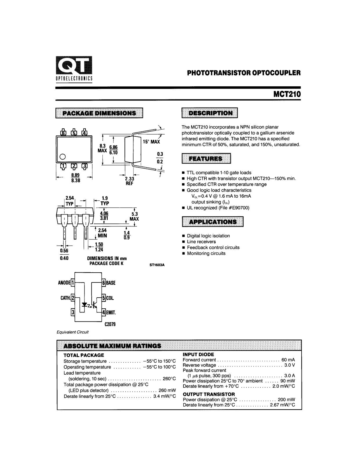 QT MCT210 Datasheet