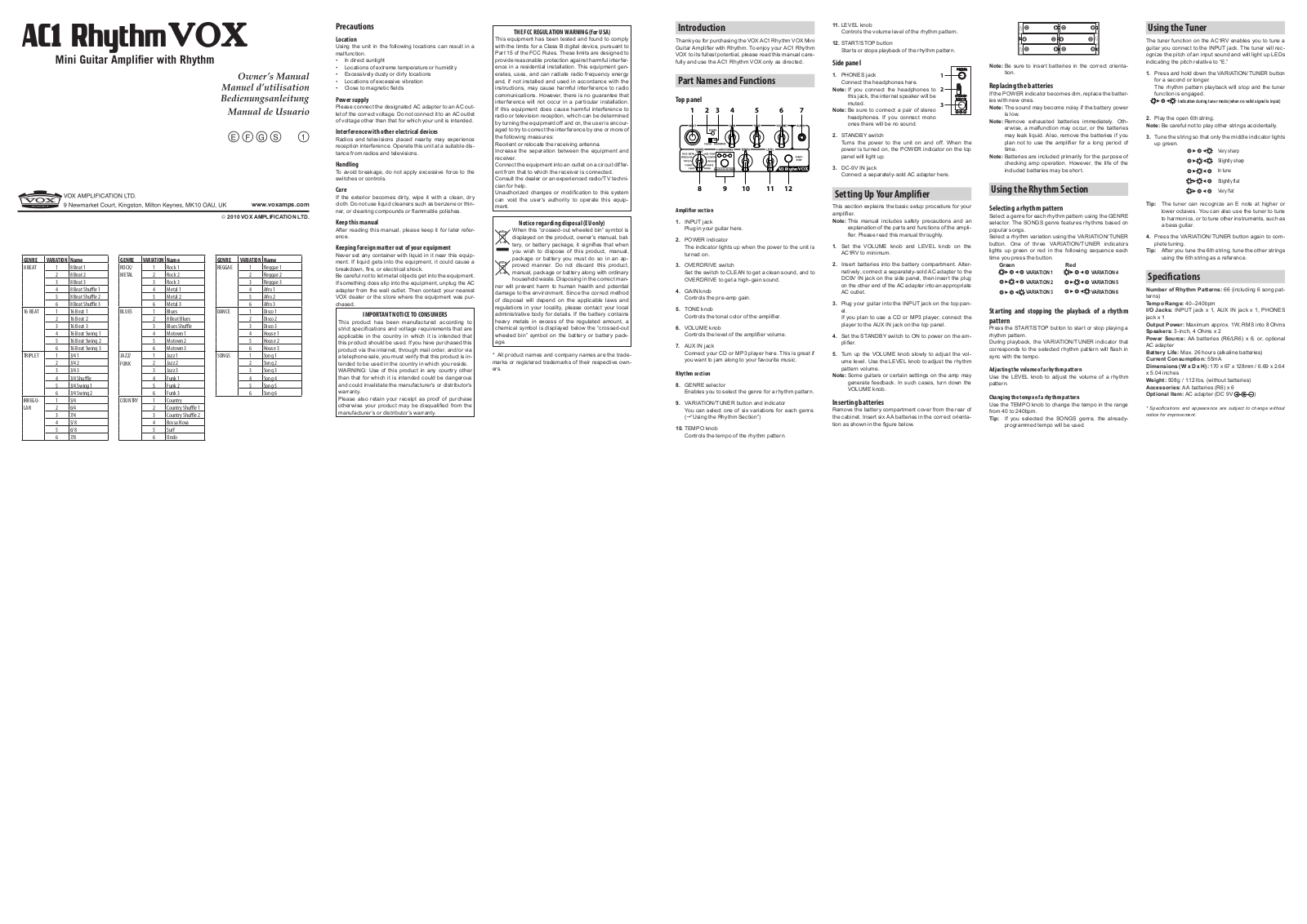 Vox AC1 RhythmVOX Owner`s Manual