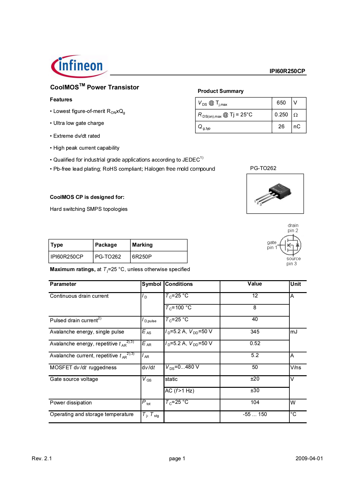 Datasheet ipi60r250cp_rev2.1 Datasheet - ManualMachine.com