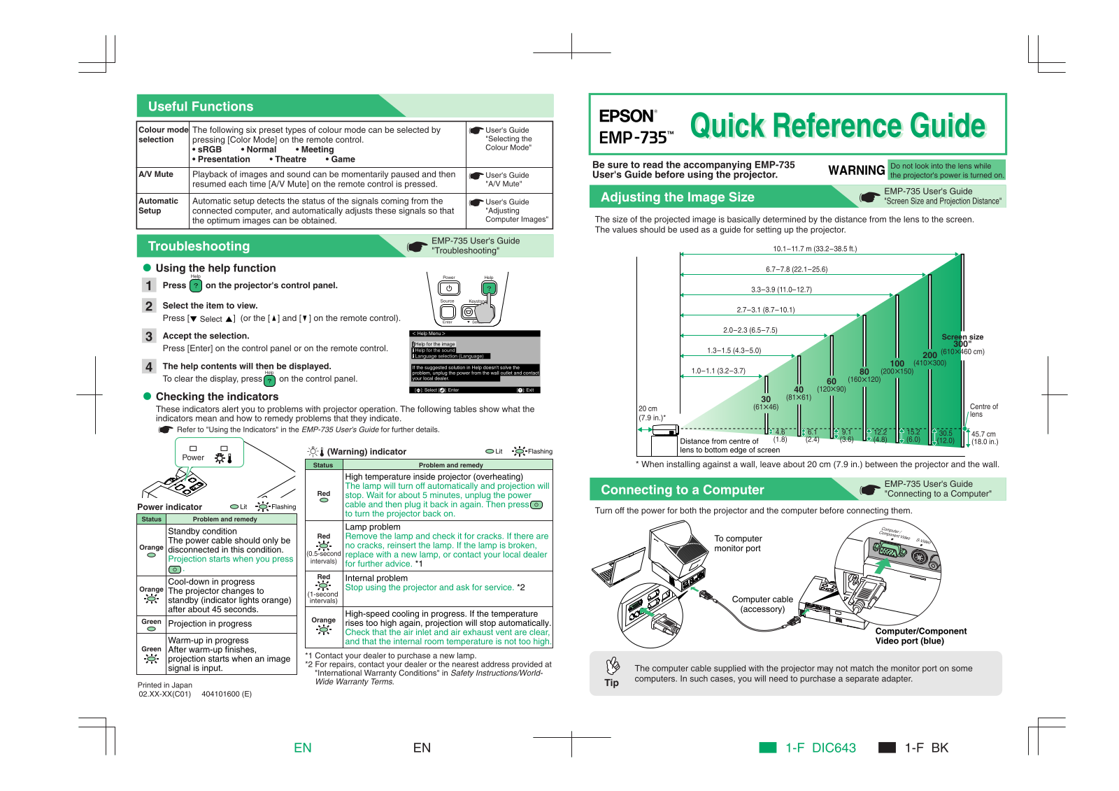 Epson EMP-735 Quick Reference Guide