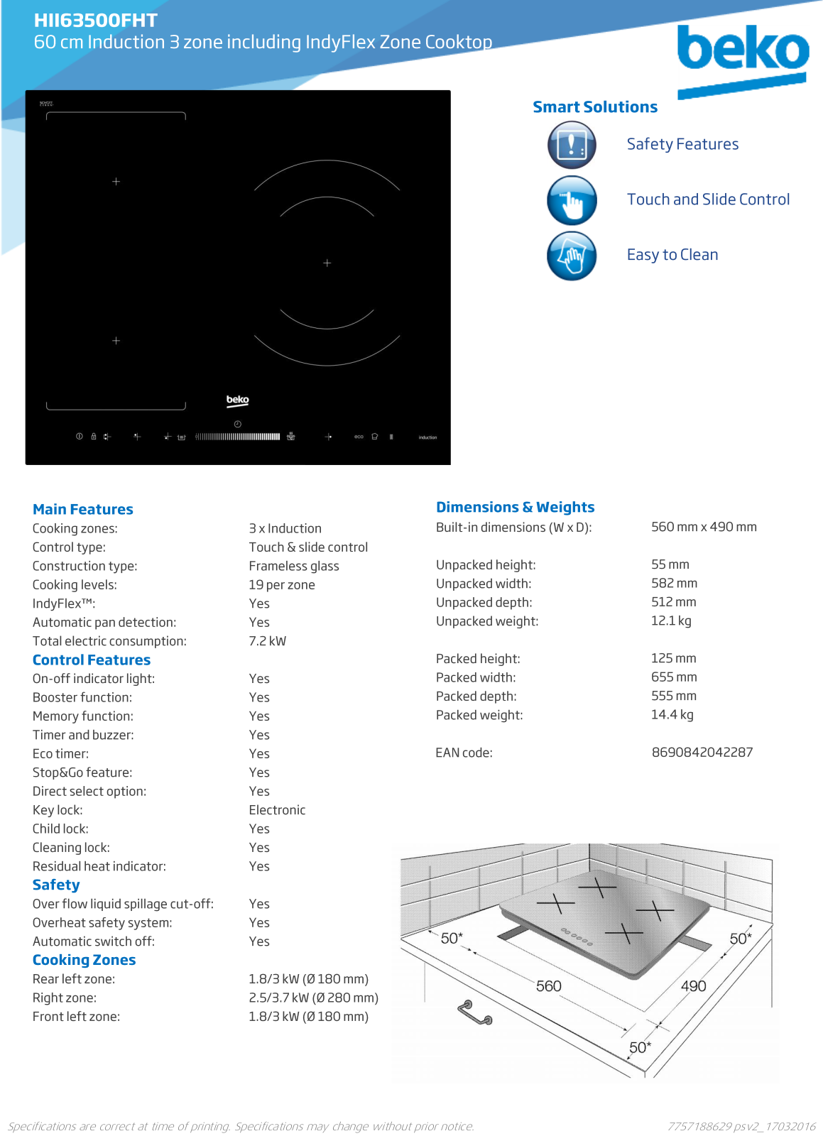 Beko HII63500FHT Specifications Sheet