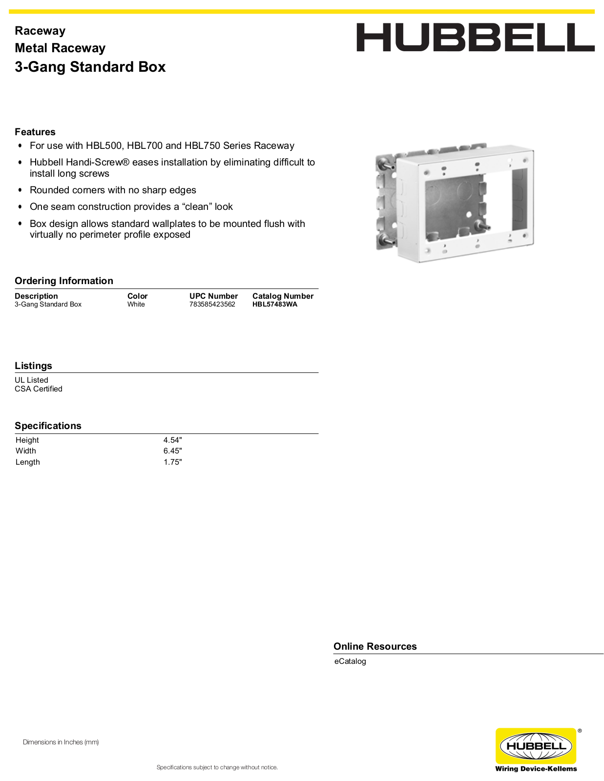 Hubbell HBL57483WA Specifications