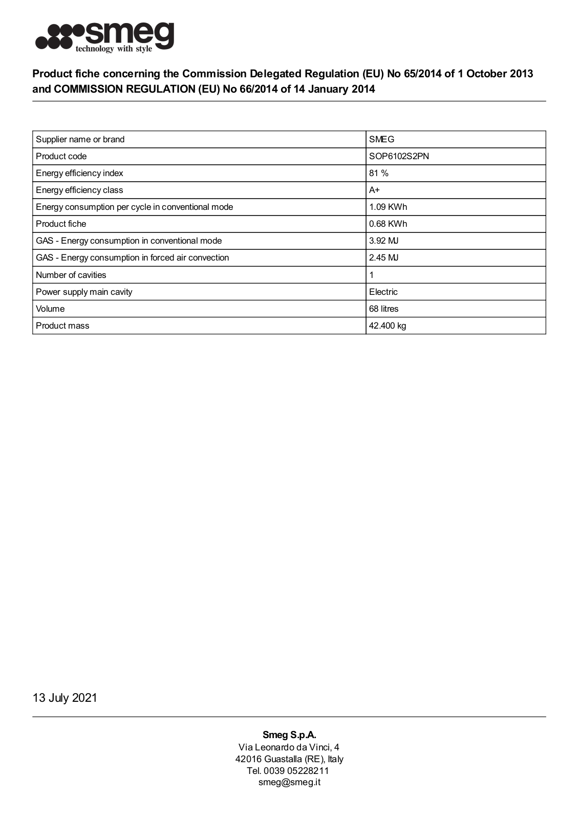 Smeg SOP6102S2PN product information sheet