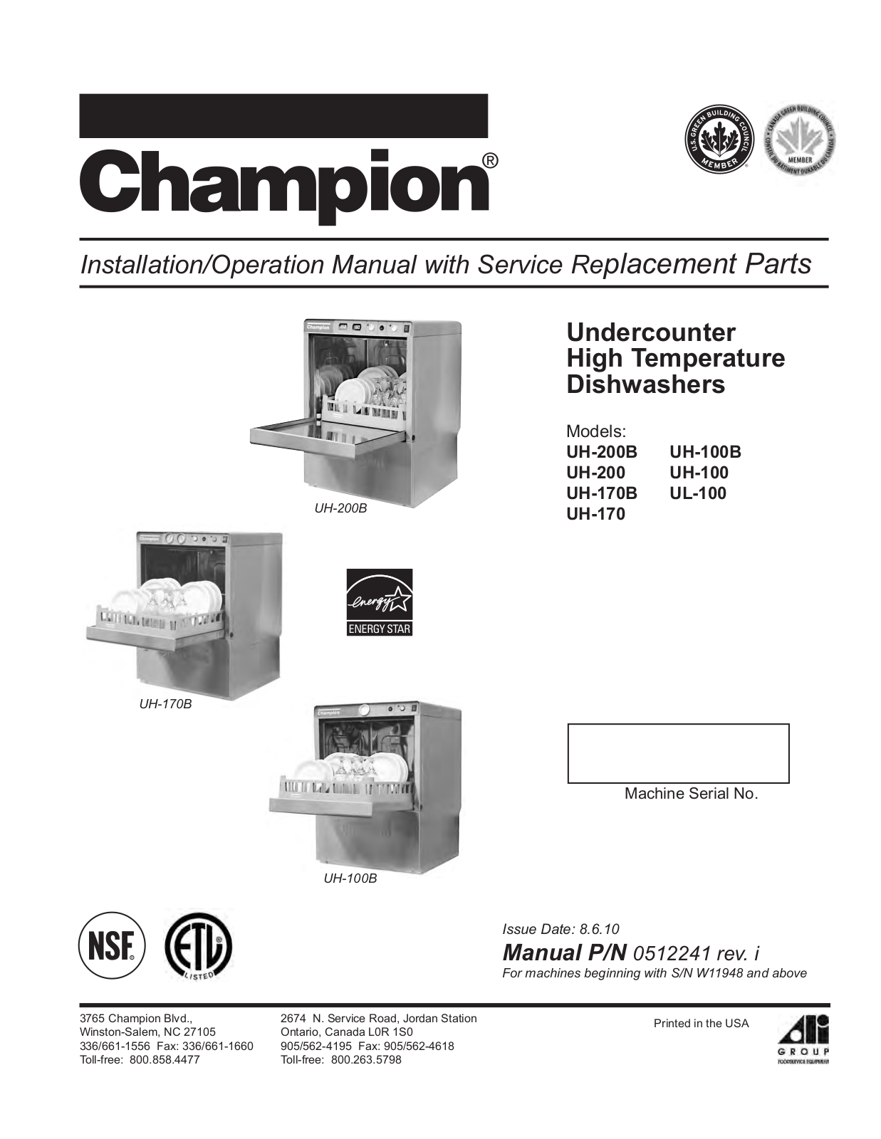 Champion UH-170B, UH-170 Operation Manual