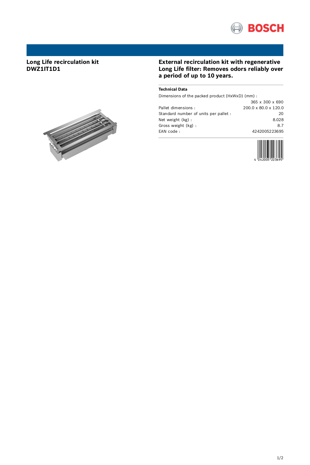 Bosch DWZ1IT1D1 Product spec sheet