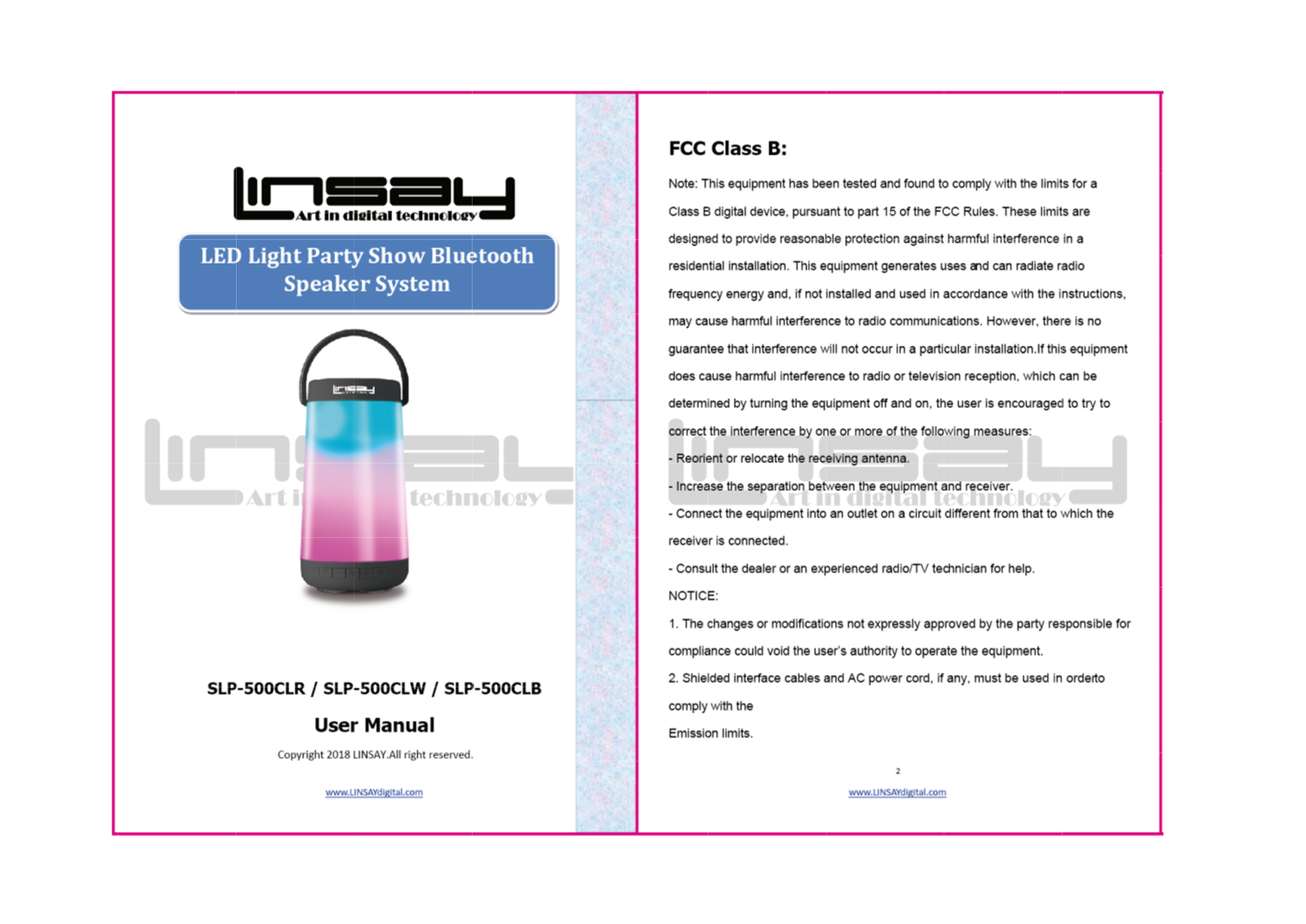 Amelia World LINSAY SLH-500CLR, SLH-500CLW, SLH-500CLB user manual