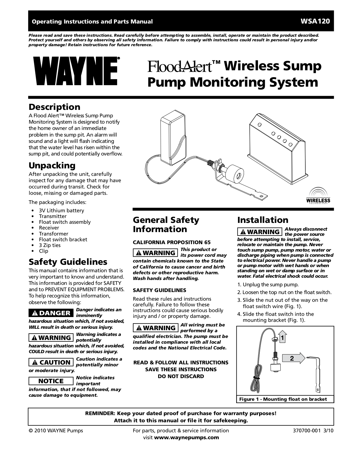 Wayne 370700-001, WSA120 User Manual