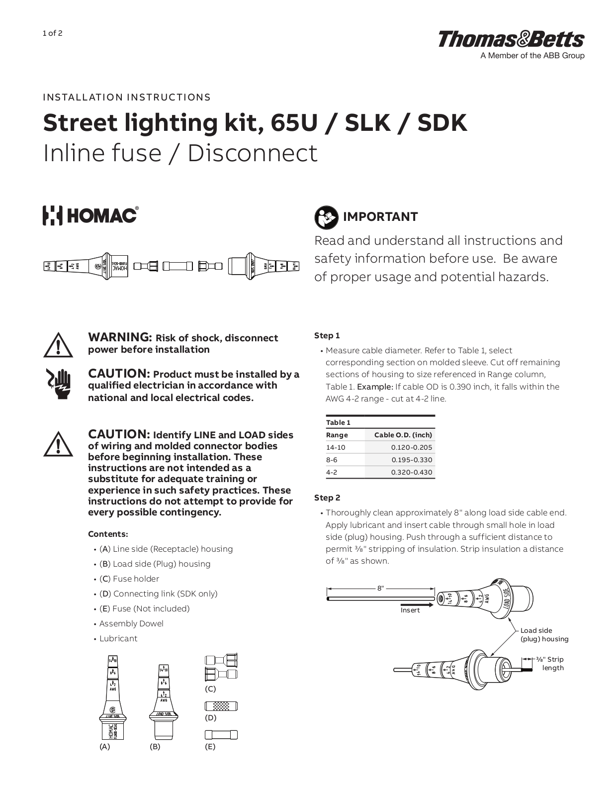 Thomas & Betts 65U, SLK, SDK Installation Instructions Manual